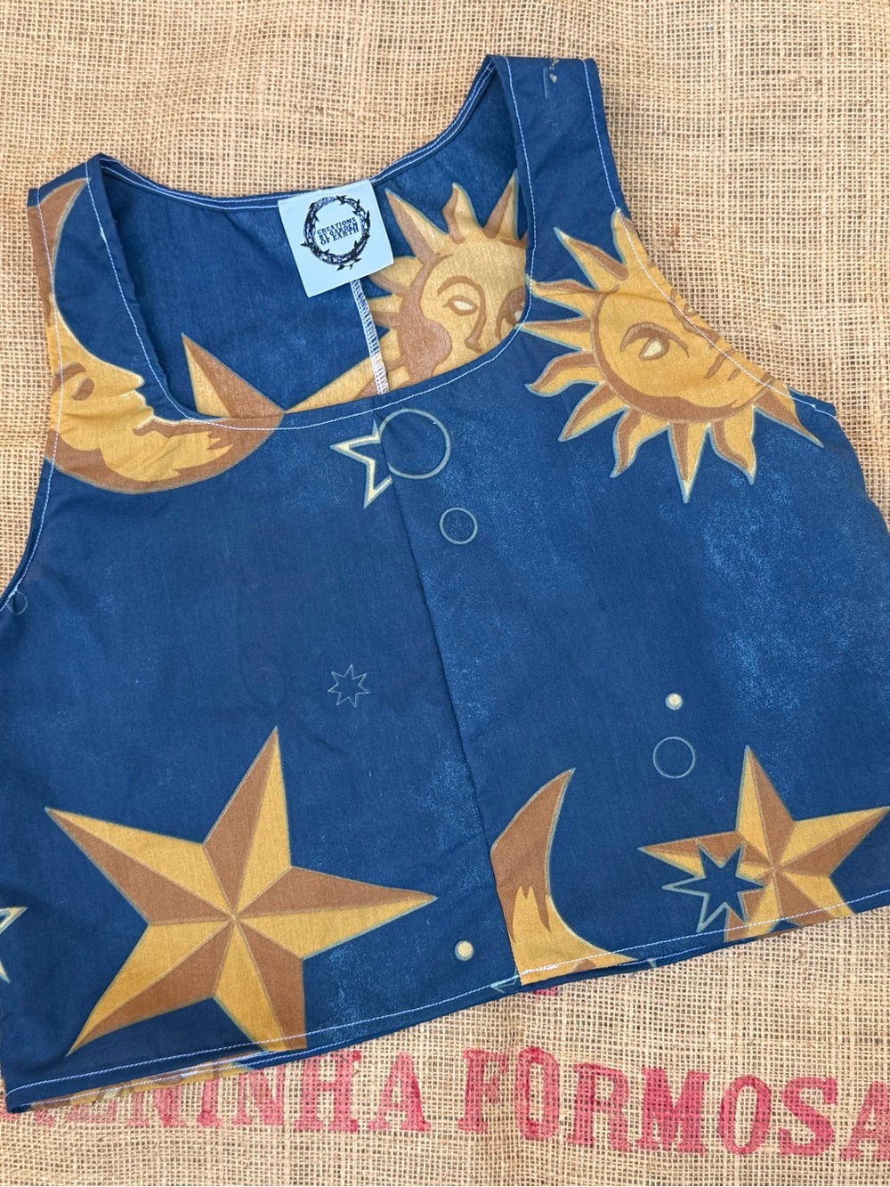Handmade vintage Sun & Moon fabric top- Blue & Yellow - Picture 5 of 5